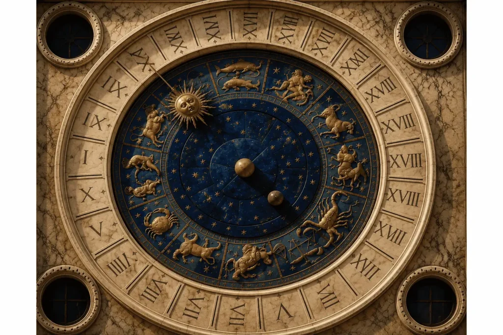 Relógio astronômico com símbolos do zodíaco, detalhes dourados e fundo azul celestial inspirado em astrologia horária.
