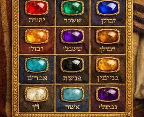 Peitoral sacerdotal bíblico Urim e Tumim com 12 pedras preciosas coloridas representando as tribos de Israel, contendo inscrições em hebraico em moldura dourada.