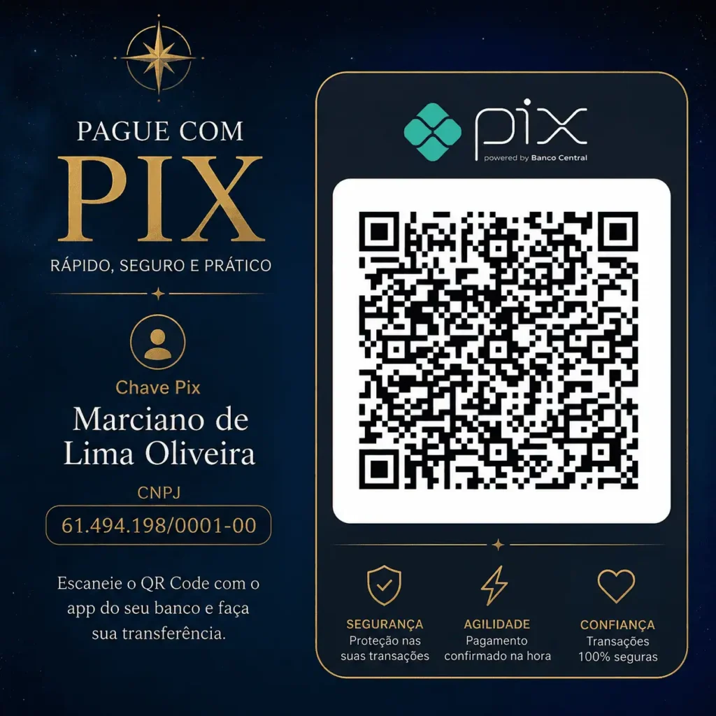 QR Code Pix profissional com fundo azul escuro e detalhes dourados contendo o nome Marciano de Lima Oliveira e chave Pix CNPJ.