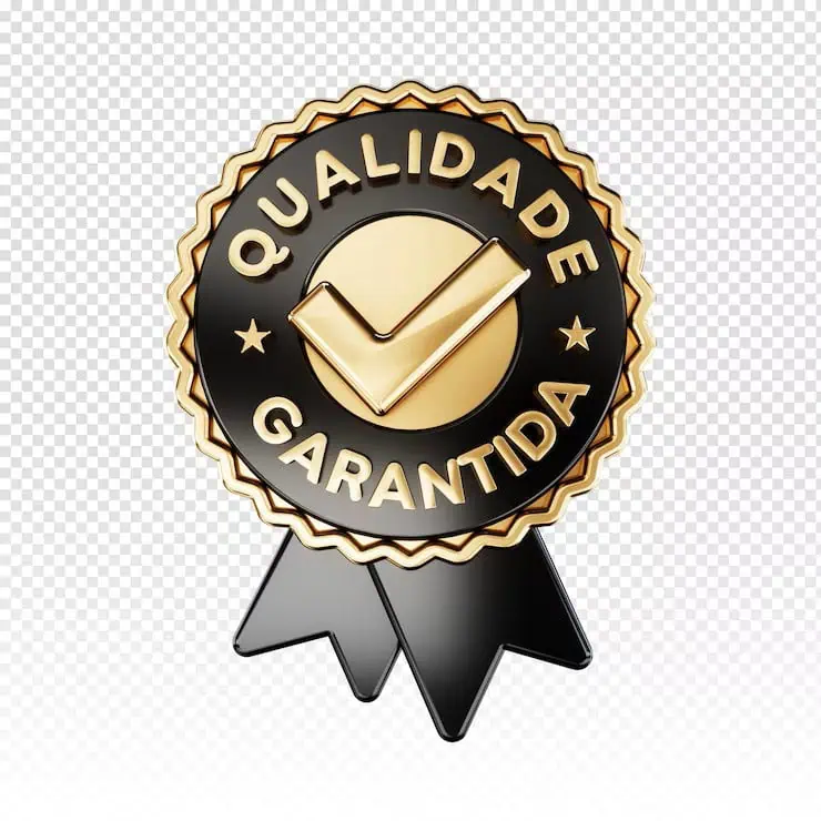 Selo dourado e preto com símbolo de verificação e a frase “Qualidade Garantida”.
