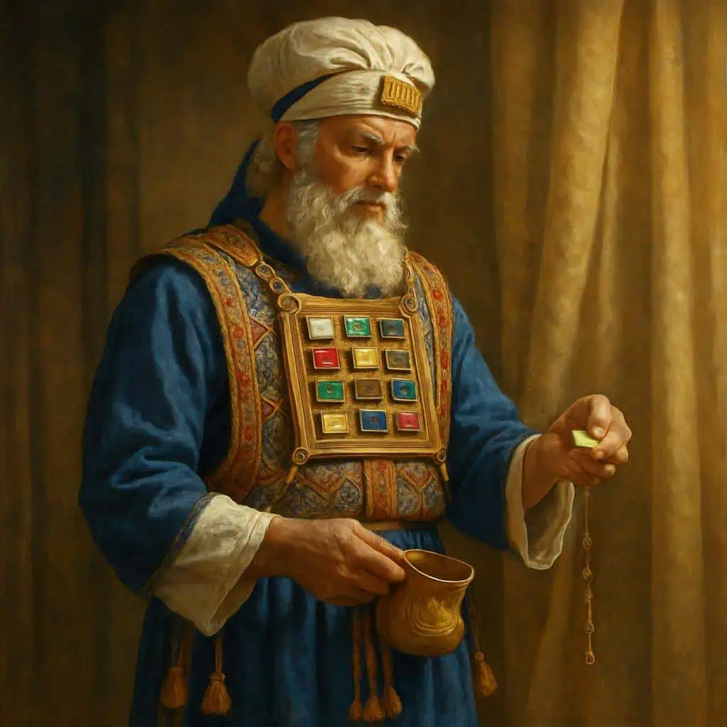 Ilustração de um sumo sacerdote bíblico usando vestes sacerdotais azuis e o peitoral sagrado com doze pedras preciosas, segurando objetos cerimoniais em um ambiente antigo.