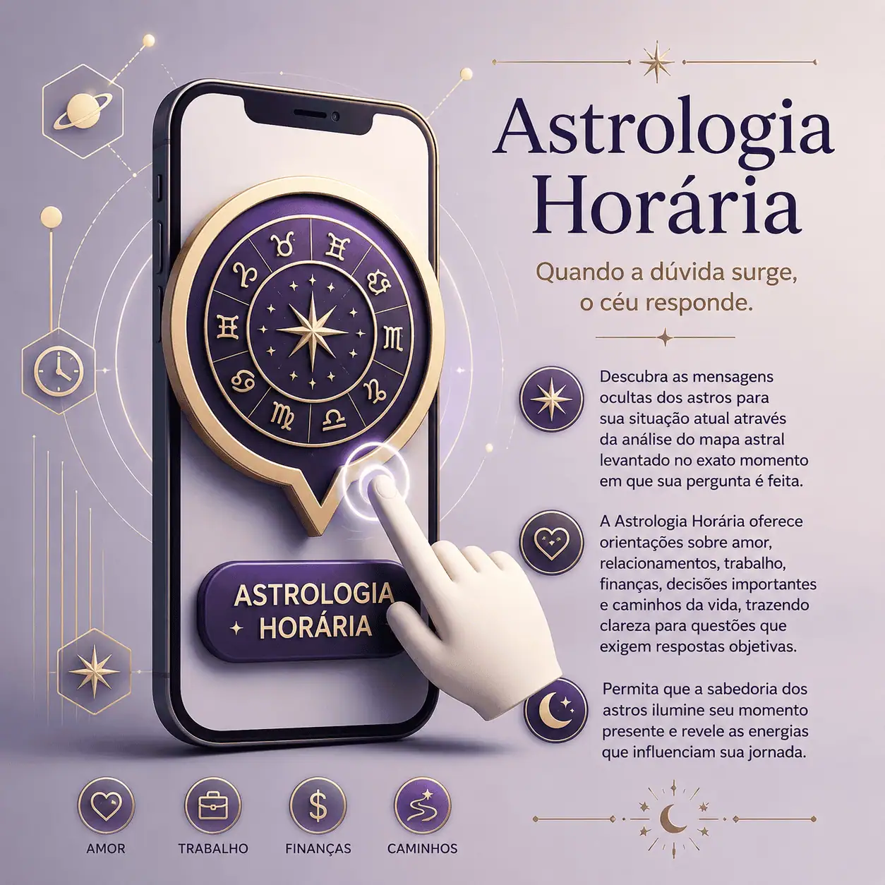 Ilustração de astrologia horária com smartphone exibindo mapa astral e símbolos do zodíaco para consultas sobre amor, trabalho, finanças e decisões pessoais.
