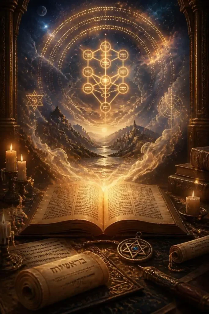 Imagem mística da Kabbalah com livro sagrado aberto, símbolos hebraicos dourados e atmosfera espiritual celestial.