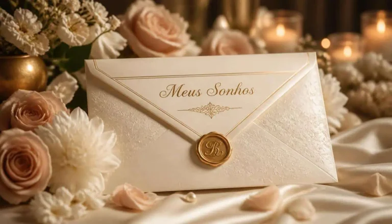 Envelope luxuoso escrito “Meus Sonhos” sobre tecido de seda com flores delicadas e iluminação romântica dourada.
