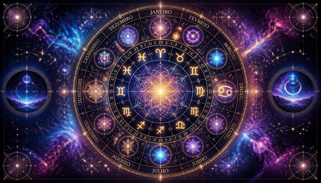 Calendário astrológico cósmico com símbolos do zodíaco, meses do ano e geometria sagrada dourada sobre um fundo galáctico repleto de estrelas e nebulosas coloridas.