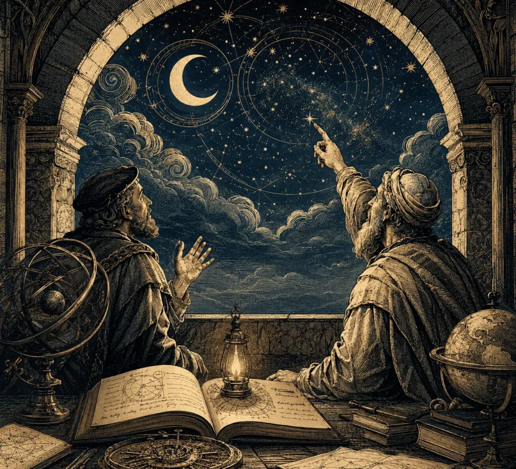 Ilustração vintage de dois estudiosos observando estrelas e símbolos celestes através de um arco de pedra, cercados por livros antigos e instrumentos astronômicos.
