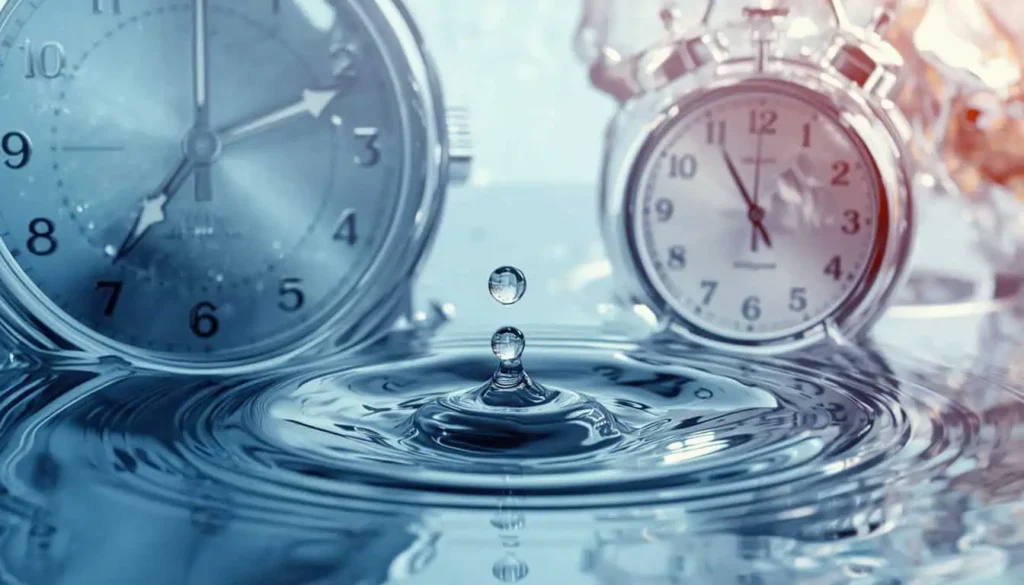 Imagem conceitual mostrando uma gota de água formando ondas sobre uma superfície líquida, com dois relógios analógicos desfocados ao fundo simbolizando a passagem do tempo.