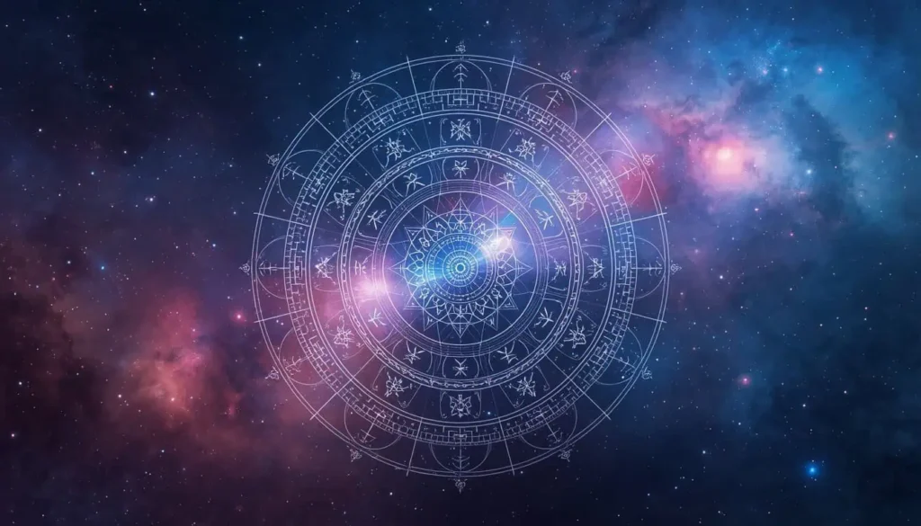 Mandala astrológica iluminada com símbolos zodiacais e geometria sagrada sobre um fundo cósmico repleto de estrelas e nebulosas em tons azul, roxo e rosa.