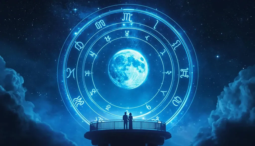 Casal observando uma enorme mandala astrológica luminosa com símbolos do zodíaco ao redor da lua cheia em um céu estrelado azul.