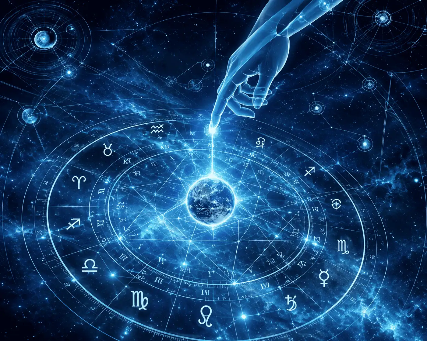 Ilustração mística de astrologia com mão etérea apontando para a Terra cercada por símbolos zodiacais e geometria sagrada em fundo cósmico azul.